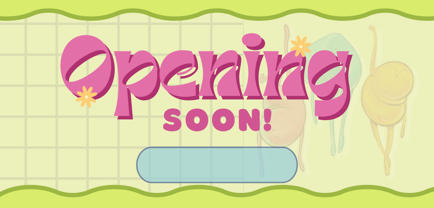 Cartoon-style 'Opening Soon!' sign with colorful text and graphics on a light green background.